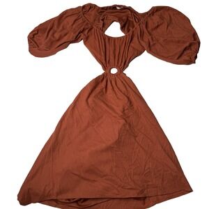 Atlantis Ride Dress Womens Large Rust Brown Cut Out Puff Sleeve Linen Blend Boho